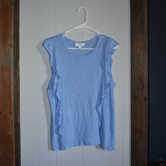 100% Linen Knit Ruffle Short-Sleeved Shirt Women's Size L - Picture 1 of 7